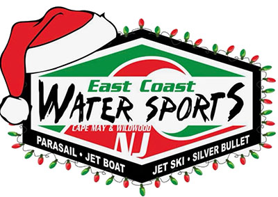 Red and green version of the East Coast Watersports logo wearing a Santa hat and holiday lights. 