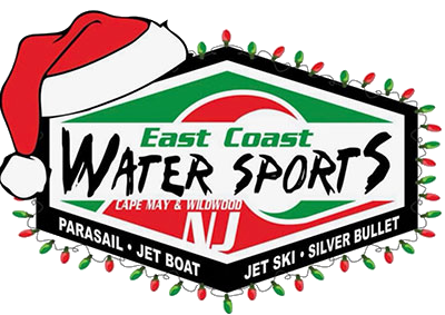 Red and green version of the East Coast Watersports logo wearing a Santa hat and holiday lights.
